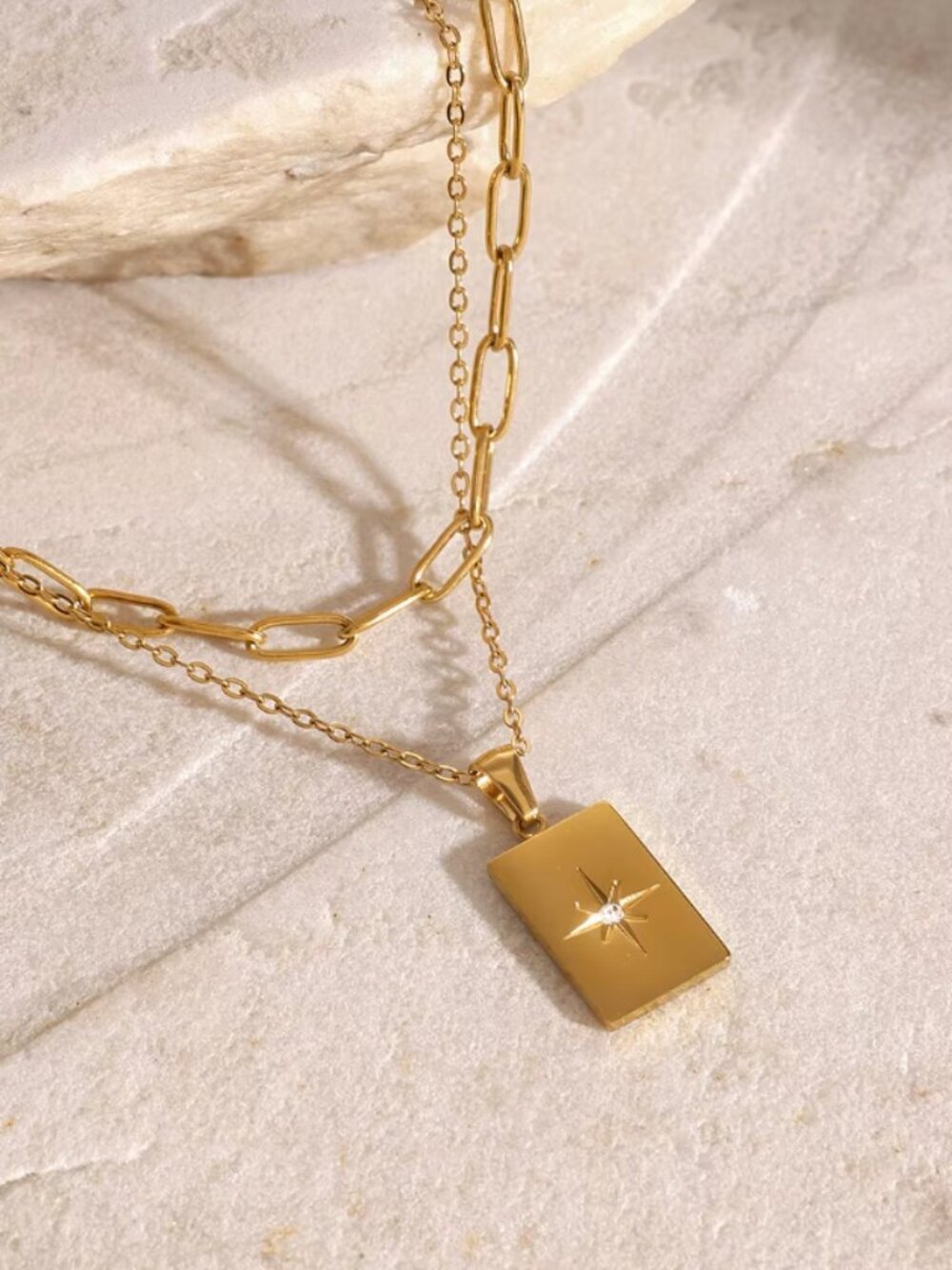 NEW 18k Gold Rectangle Pendant Necklace Boho Celestial North Star Chain Necklace